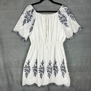 Kindred Dress Womens 1X White Floral Embroidered Peasant Cottage Boho Beach